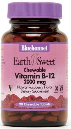 Bluebonnet EarthSweet Chewable Vitamin B-12 2000mcg 90 Tablets Front