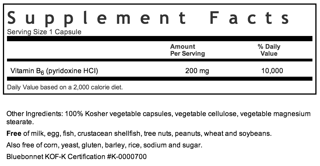 Bluebonnet Vitamin B-6 200mg Supplement Facts