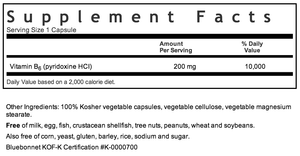 Bluebonnet Vitamin B-6 200mg Supplement Facts