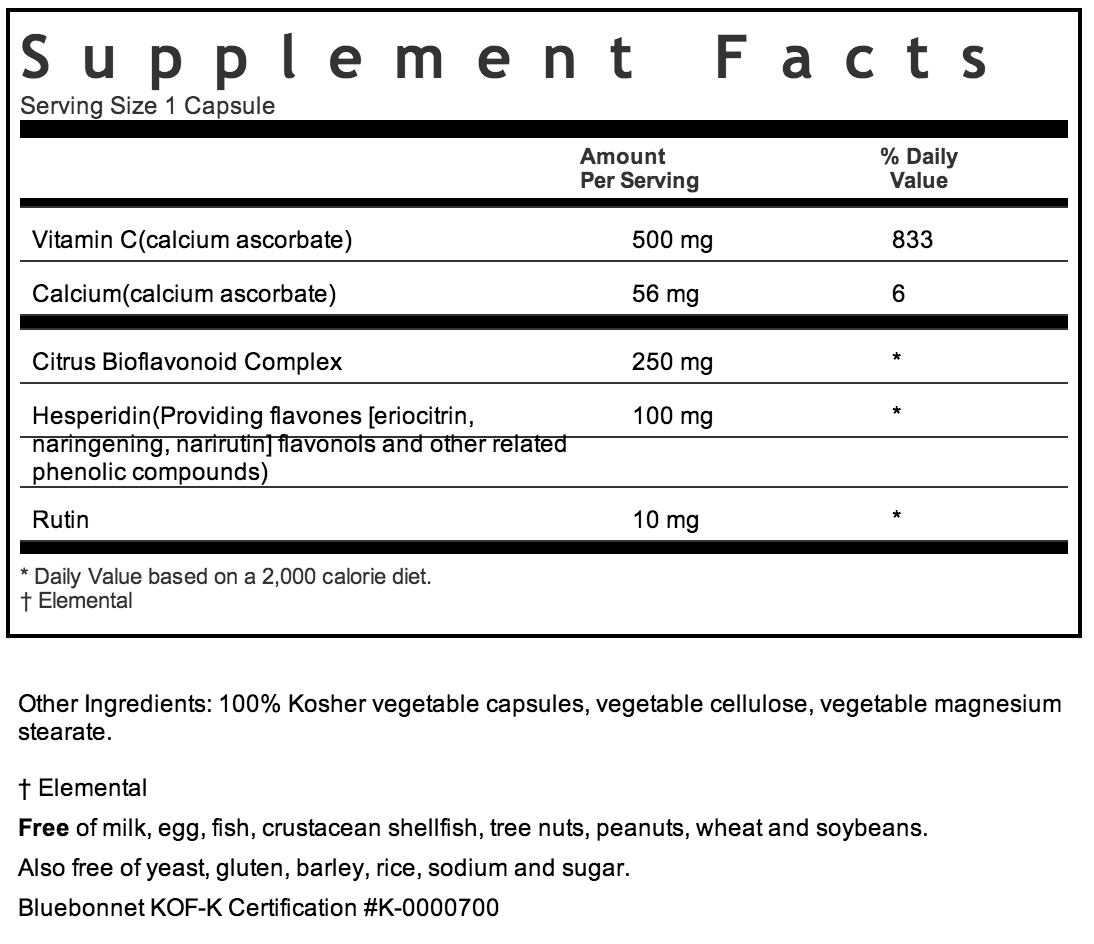 Bluebonnet Buffered Vitamin C 500mg Supplement Facts