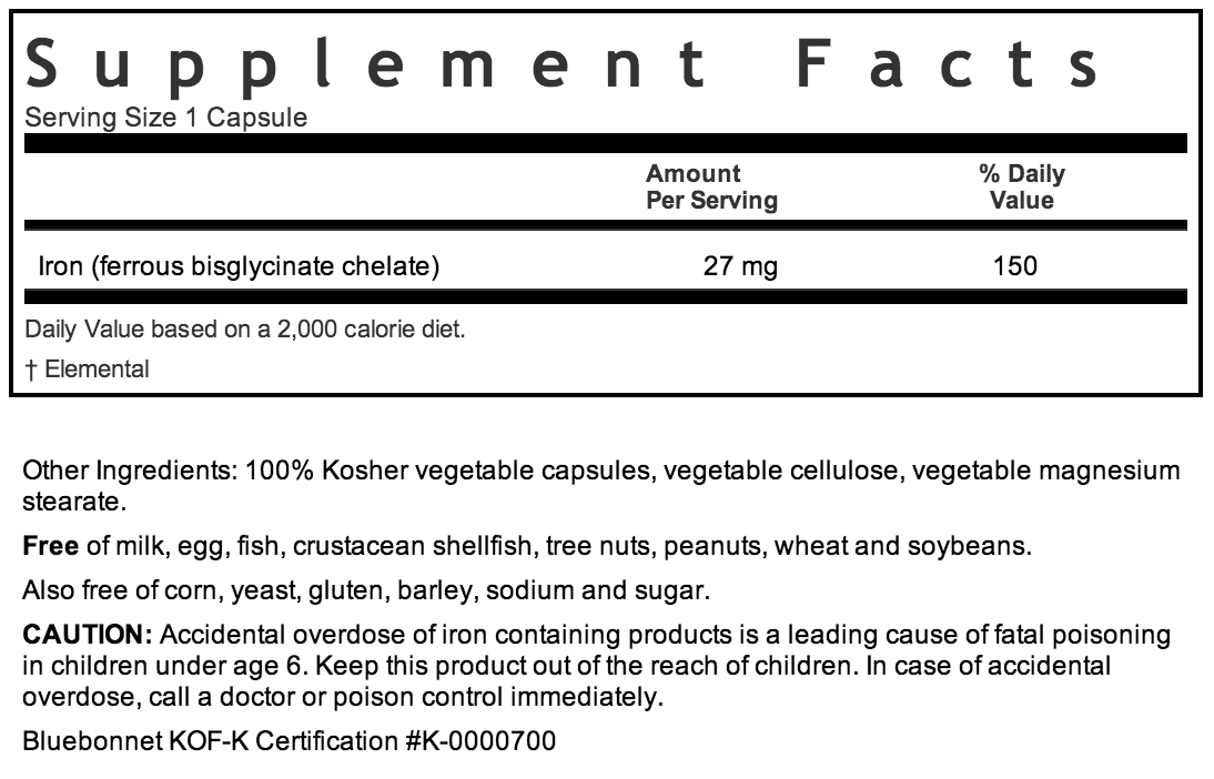 Bluebonnet Chelated Iron 27mg Supplement Facts