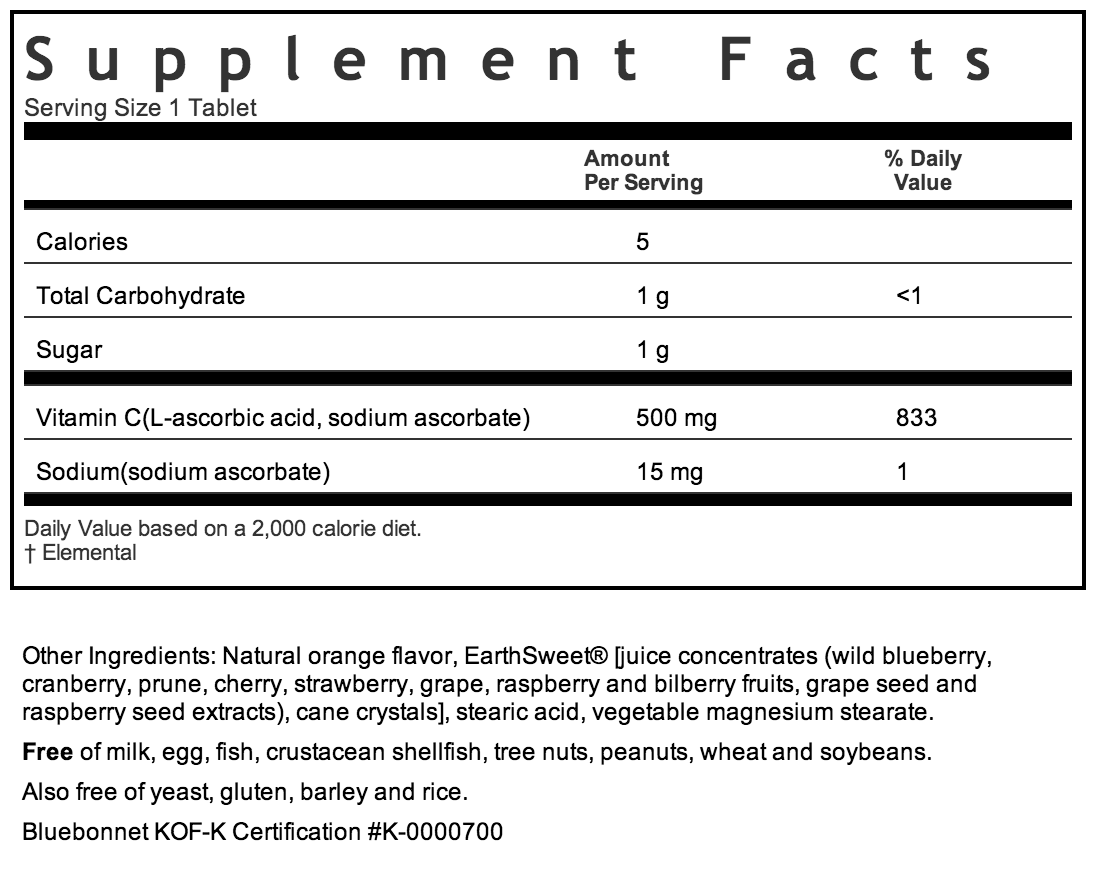 Bluebonnet EarthSweet® Chewable Vitamin C-500mg Supplement Facts