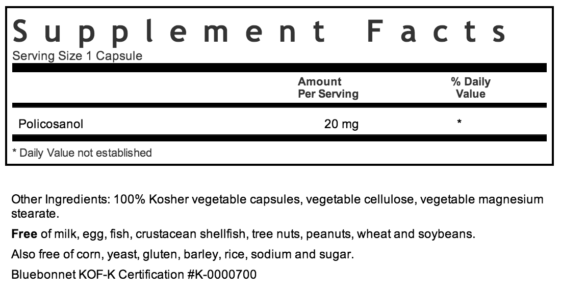 Bluebonnet Policosanol 20mg Supplement Facts