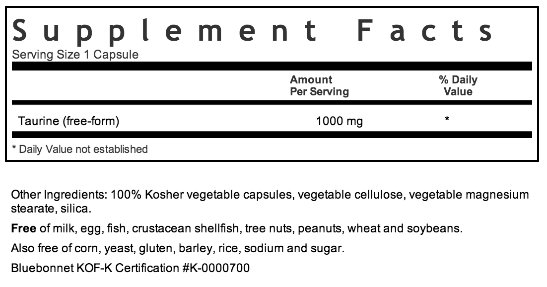 Bluebonnet Taurine 1000mg Supplement Facts