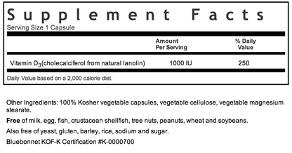 Bluebonnet Vitamin D3 1000IU Supplement Facts