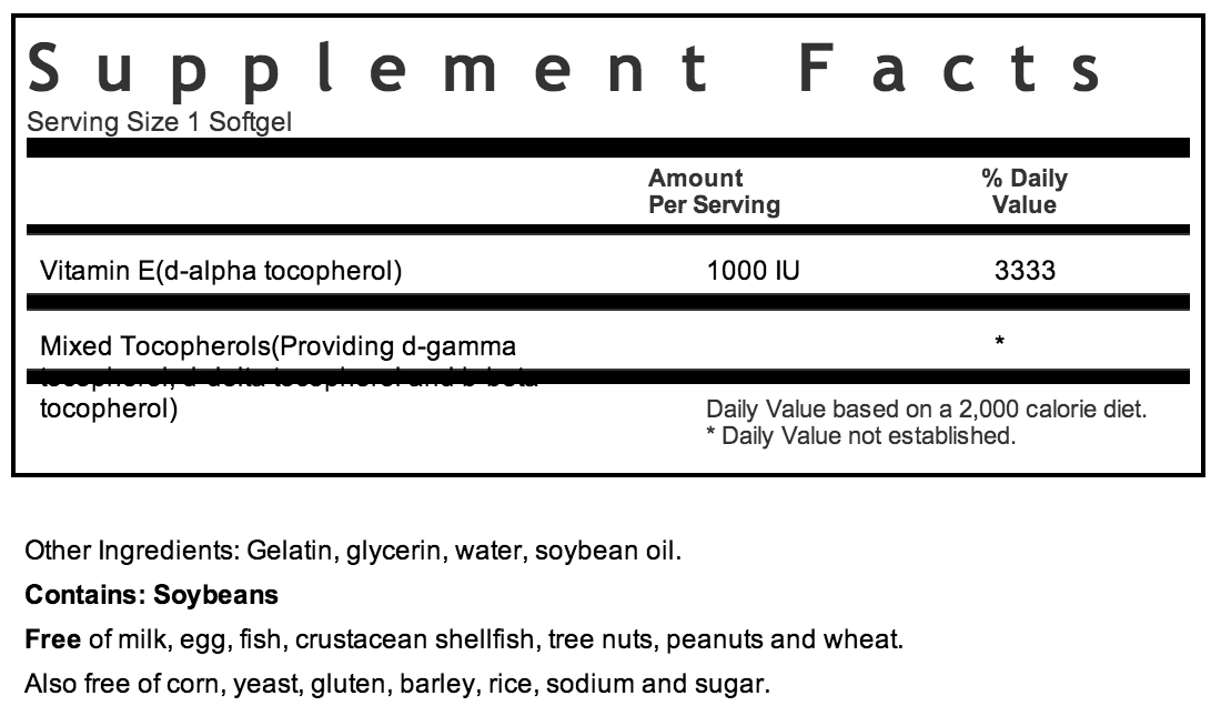 Bluebonnet Vitamin E 1000IU Supplement Facts