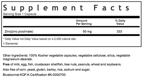 Bluebonnet Zinc Picolinate Supplement Facts
