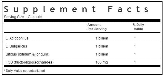 Bluebonnet Milk-Free Probiotic Acidophilus Plus FOS 250 capsules label