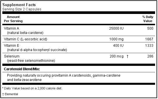 Bluebonnet Beta Carotene, C, E Plus Selenium 60 vcaps Label