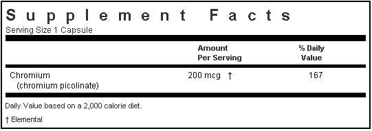 Bluebonnet Chromium Picolinate 200mcg 100 capsules Label