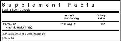 Bluebonnet Chromium Picolinate 200mcg 100 capsules Label