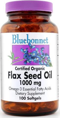 Bluebonnet Certified Organic Flax Seed Oil 1000mg 100 softgels Front