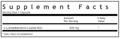 Bluebonnet L-Lysine 500mg 100 capsules Label