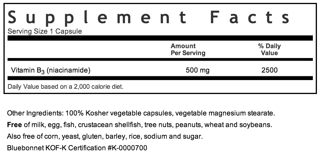 Bluebonnet Niacinamide 500mg Supplement Facts
