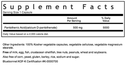 Bluebonnet Pantothenic Acid 500mg Supplement Facts