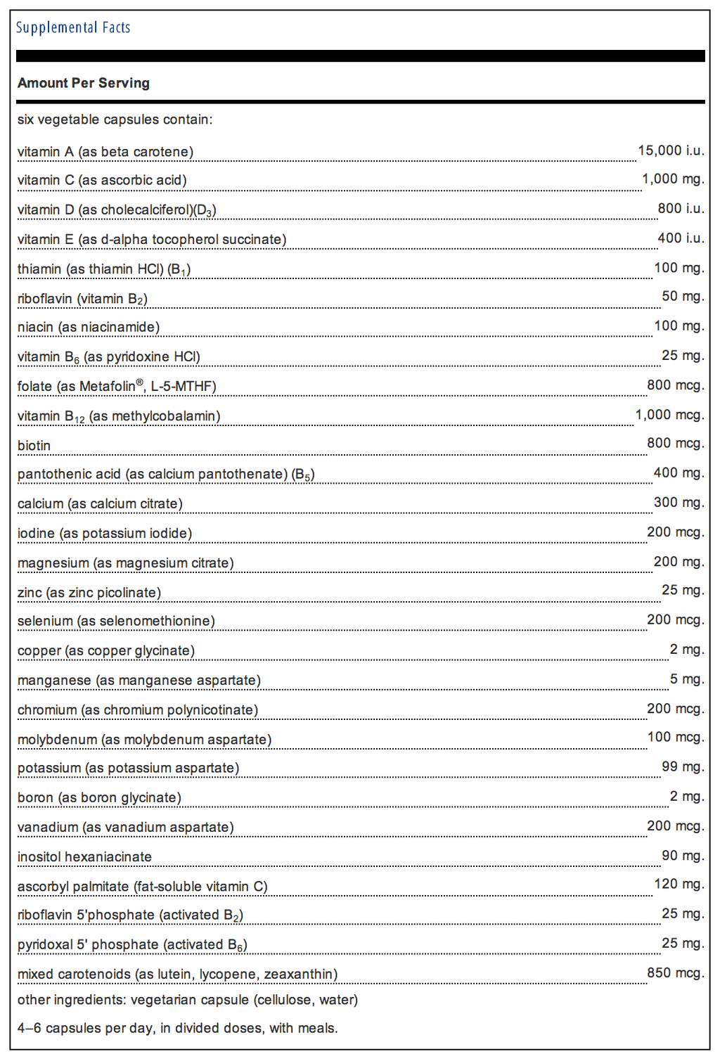 Pure Encapsulations Nutrient 950 without Iron Supplement Facts