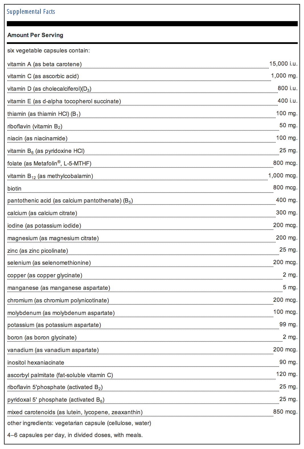 Pure Encapsulations Nutrient 950 without Iron Supplement Facts