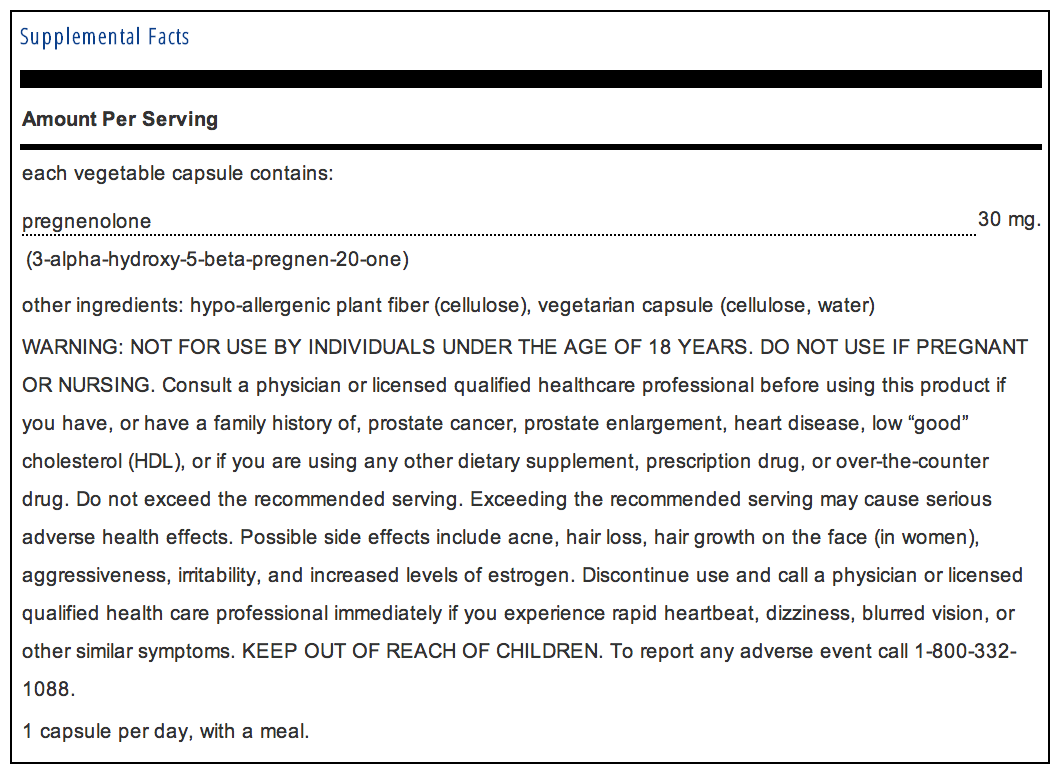 Pure Encapsulations Pregnenolone 30mg Supplement Facts