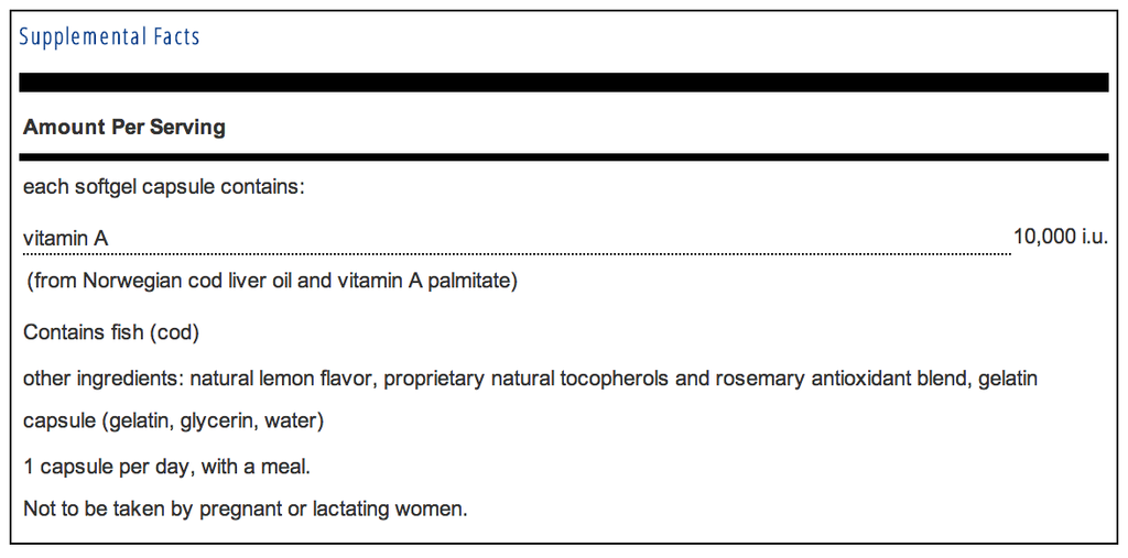 Pure Encapsulations Vitamin A 10,000 i.u. Supplement Facts