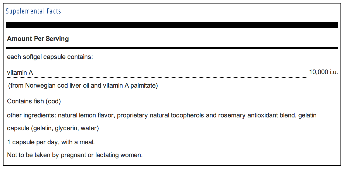 Pure Encapsulations Vitamin A 10,000 i.u. Supplement Facts