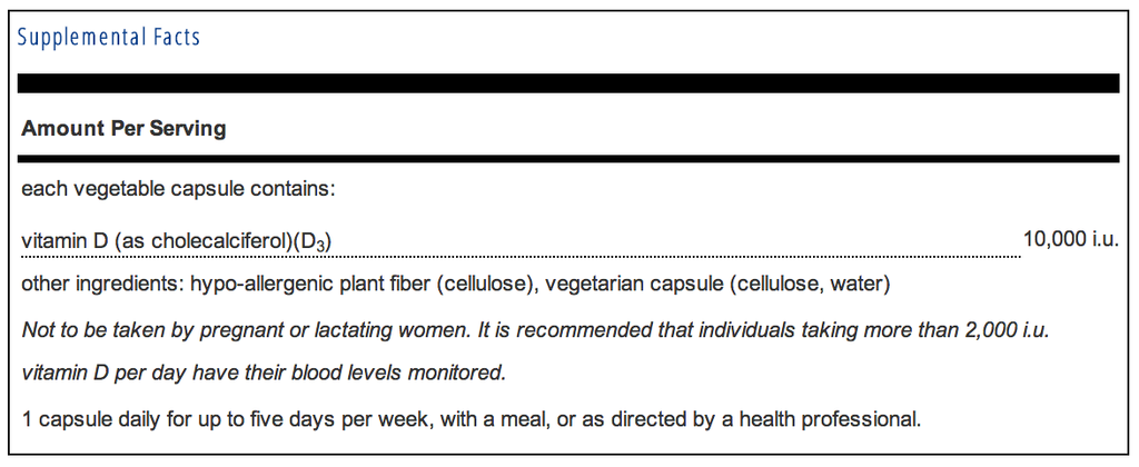 Pure Encapsulations Vitamin D3 10,000 i.u. Supplement Facts