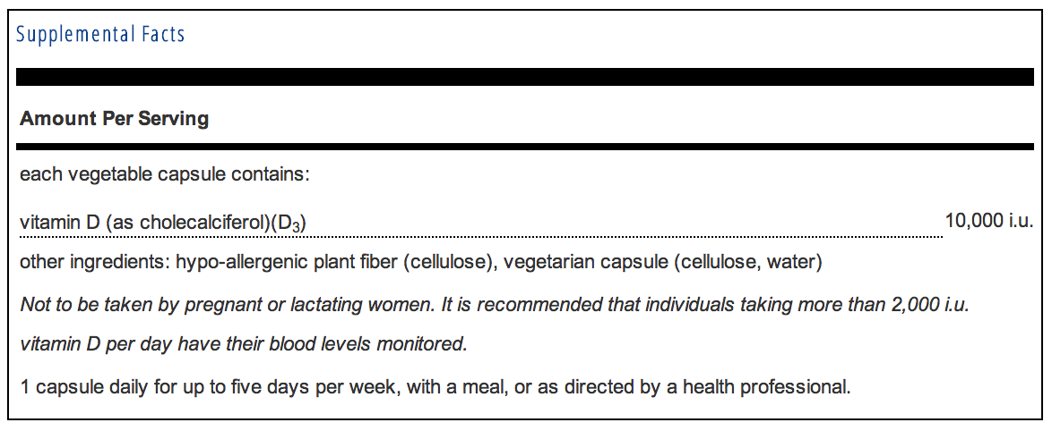 Pure Encapsulations Vitamin D3 10,000 i.u. Supplement Facts