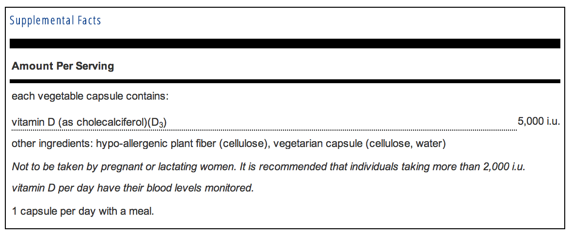 Pure Encapsulations Vitamin D3 5,000 i.u. Supplement Facts